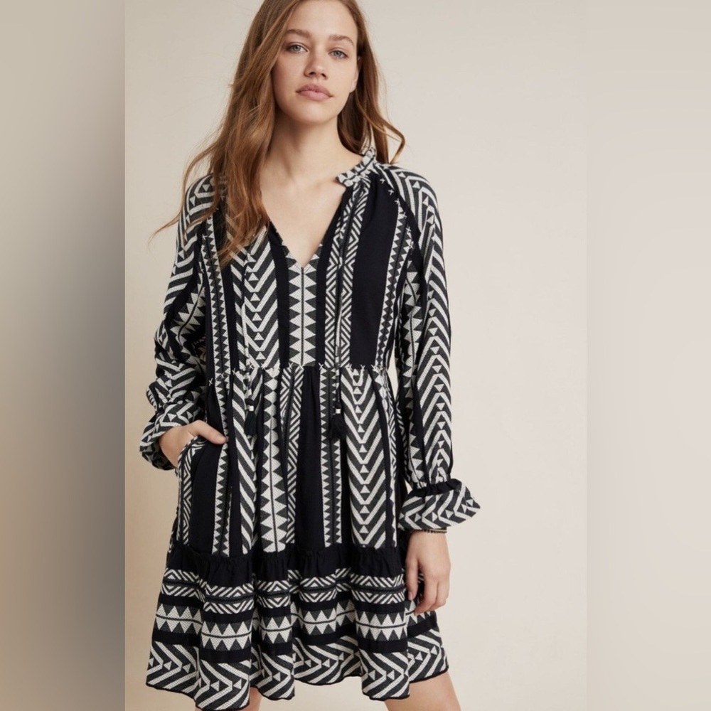 Anthropologie Maeve Dominique Tunic Dress Size‎ S Black White Tribal Aztec Boho